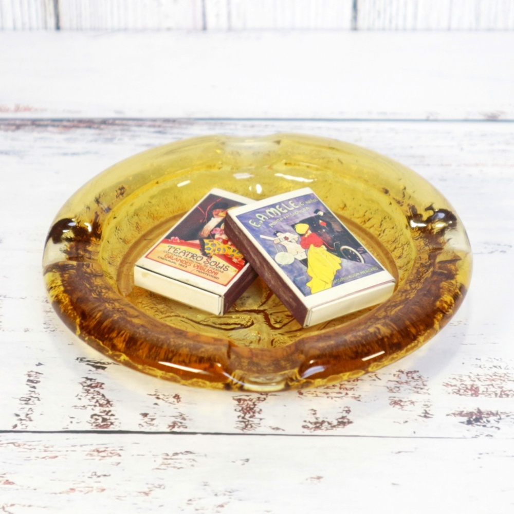 Vintage 6" Amber Yellow Ashtray Embossed Flower Trinket Dish Retro Gift for Her